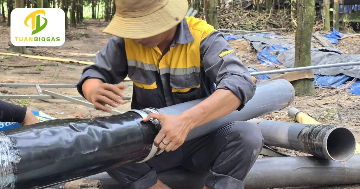 Kỹ thuật viên Tuấn Biogas trực tiếp kiểm tra sự cố tắc nghẽn đường ống dẫn phân tại hiện trường