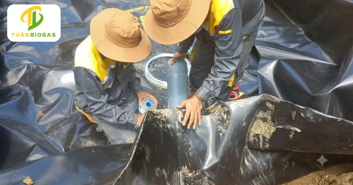 Thợ thi công quét keo PVC và thọc sâu ống 140 vào mặt bích túi biogas đúng 70cm