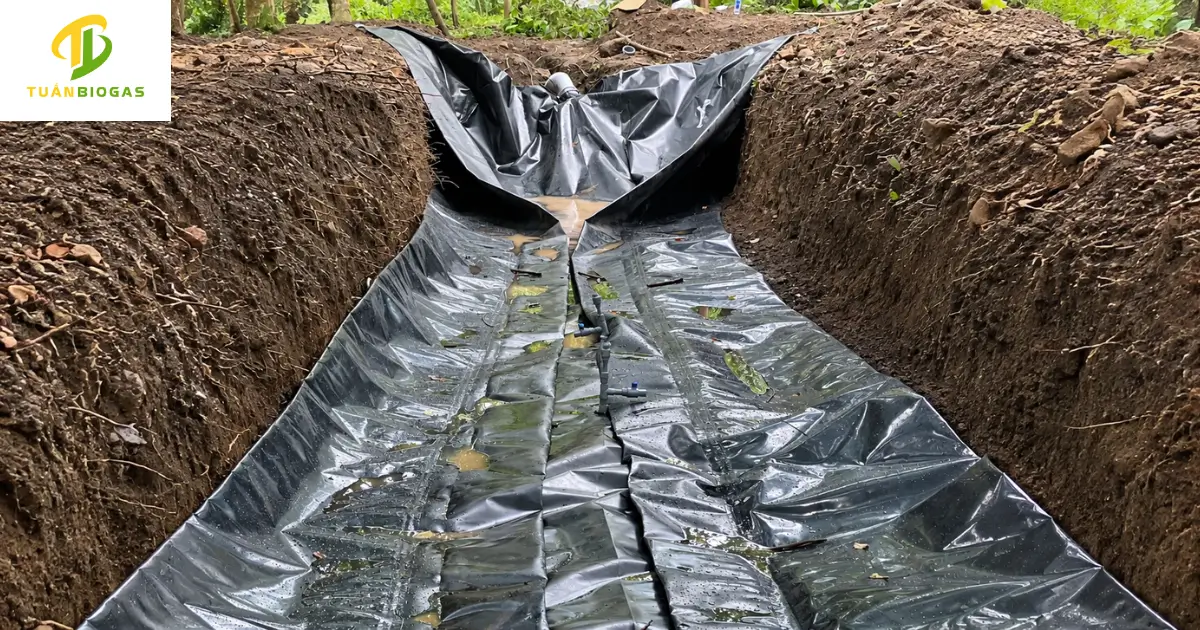 Đội ngũ kỹ thuật định vị túi biogas tròn 500 khối cân đối theo trục tim hố đào