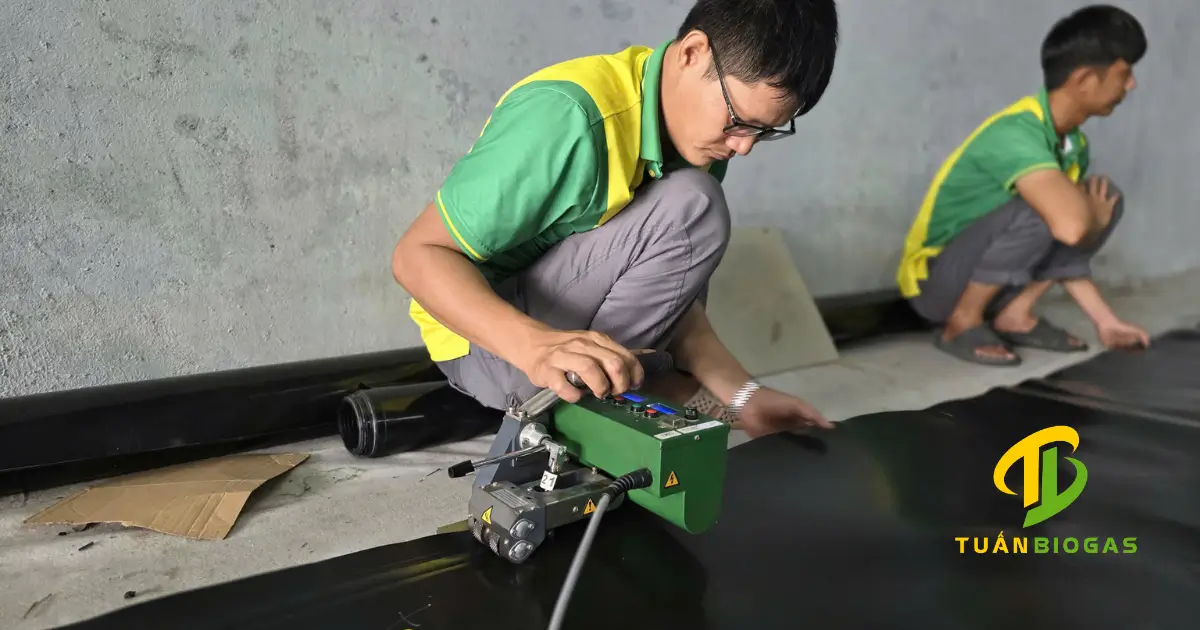 Kỹ thuật viên vận hành máy hàn nhiệt ghép các tấm bạt túi biogas