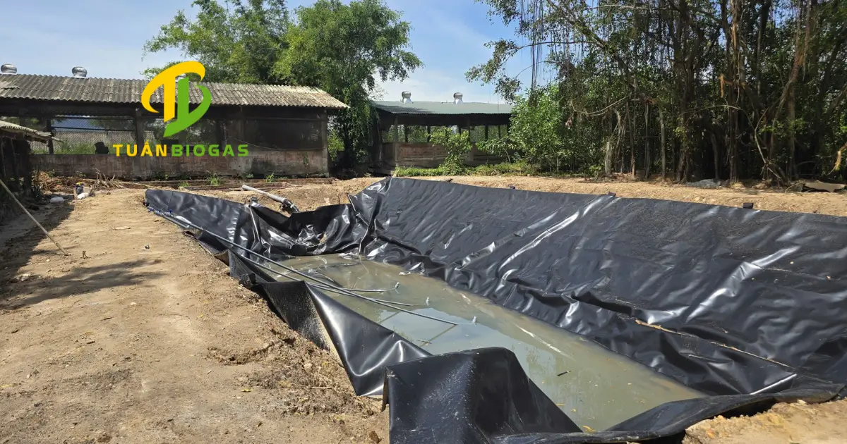 Máy múc thi công tạo độ dốc thành hố taluy trước khi lắp túi biogas